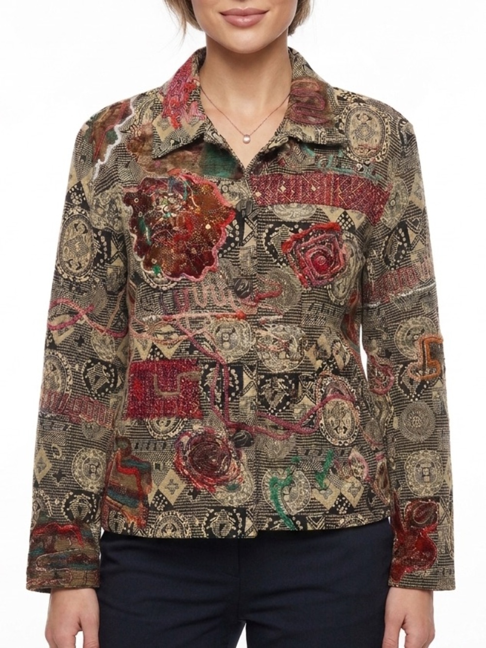 Vintage Coldwater Creek Tapestry Beaded Patchwork Boho Jacket Size Large Petite